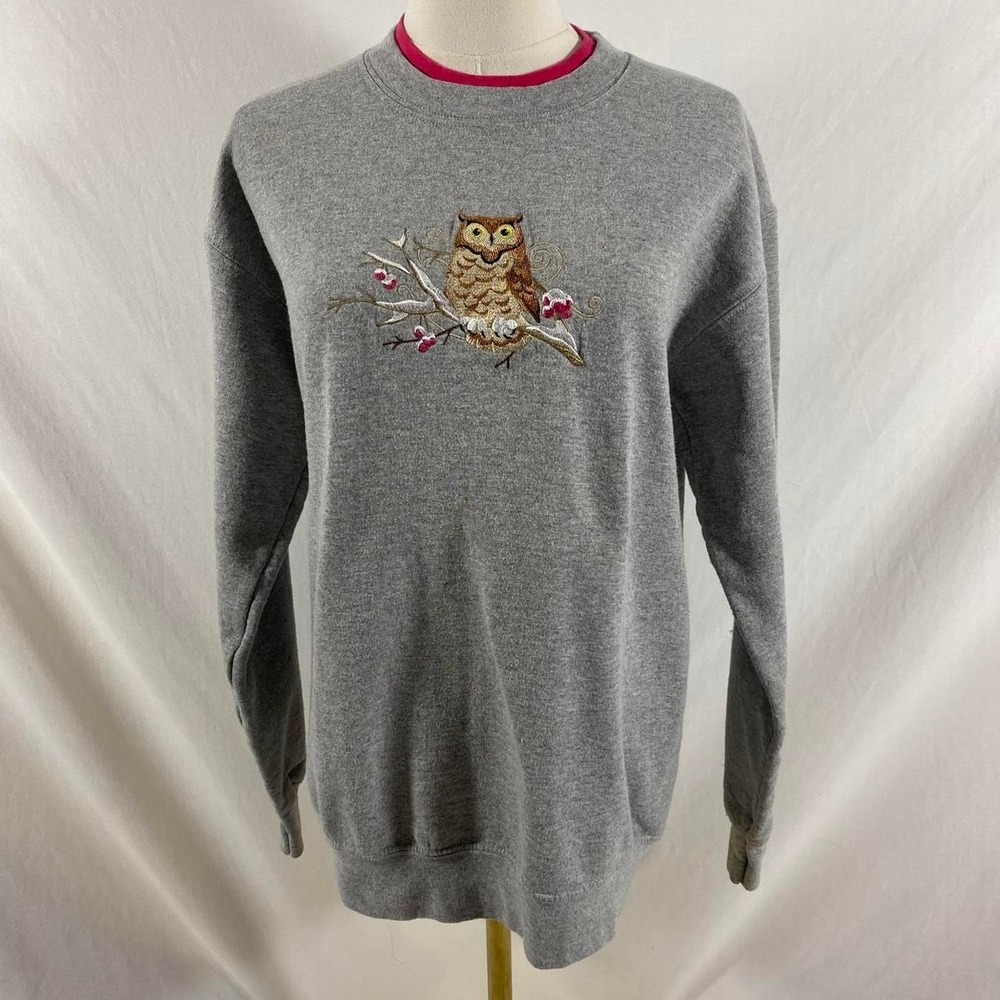 PFI owl grey red double neck sweater size small grandmacore vtg comfy